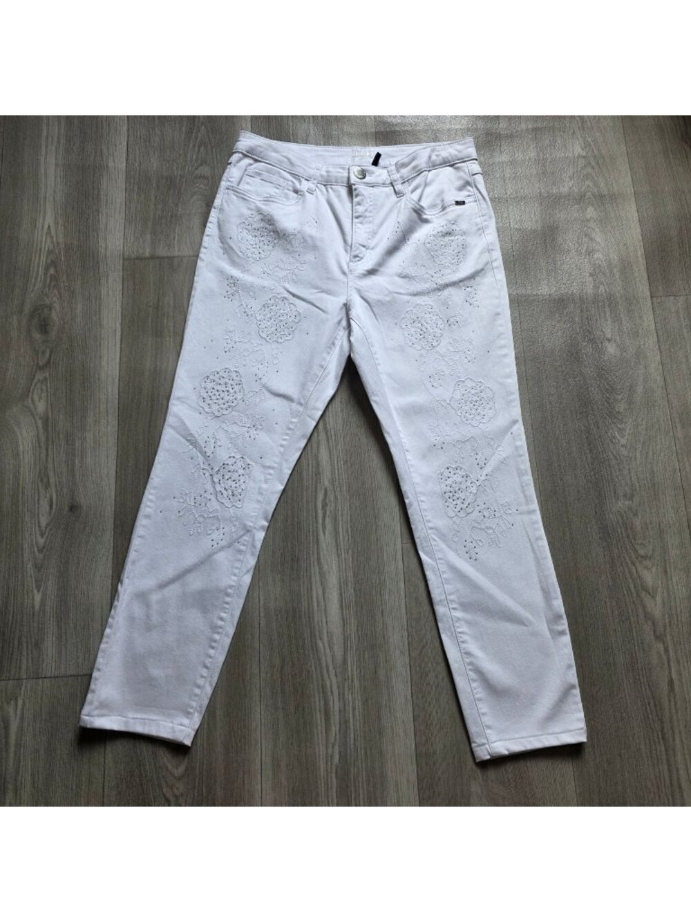 FDJ French Dressing Womens White Floral Embroidered Jeans With Rhinestones Size
